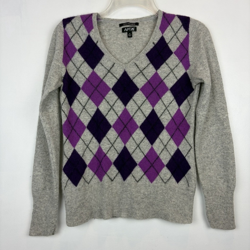 100% CASHMERE Sweater Womens Medium Gray Argyle Purple Career